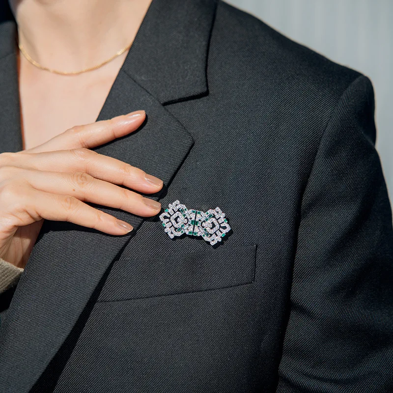 Wuiha Vintage 925 Sterling Sliver Emerald High Carbon Diamond Gemstone Brooch Brooches Collar Clip Corsage Cocktail Fine Jewelry image 6