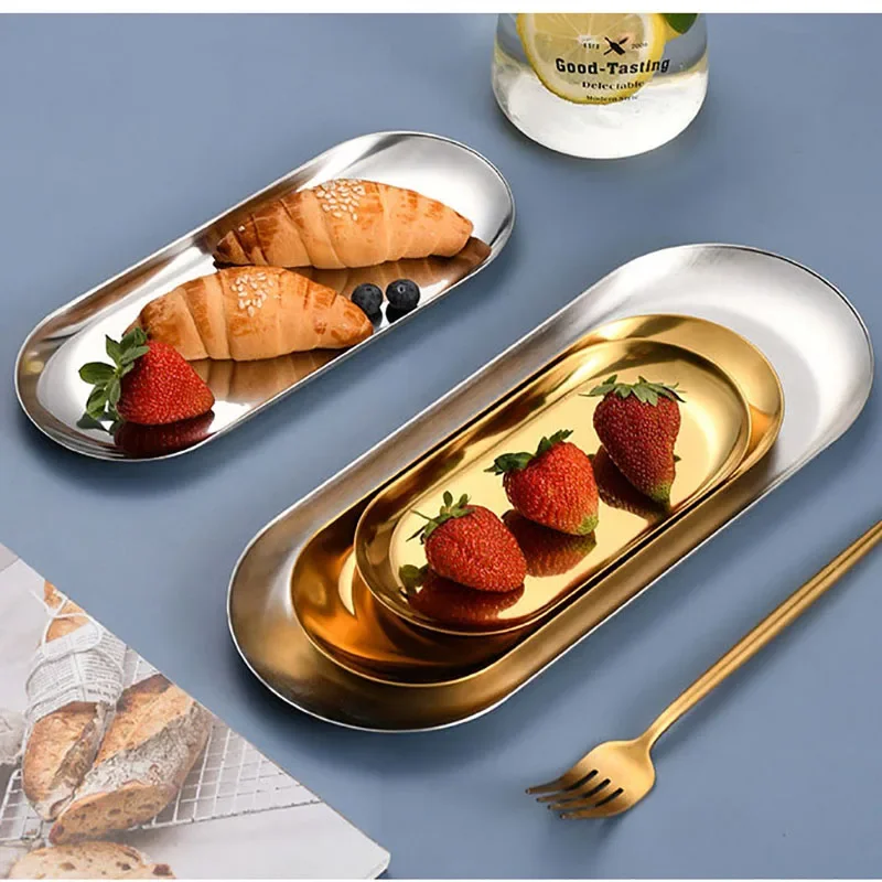 

тарелки для еды Golden Stainless Steel Nordic Oval Tray Household Western Dining Dessert Fruit Salad Plates Photography Props