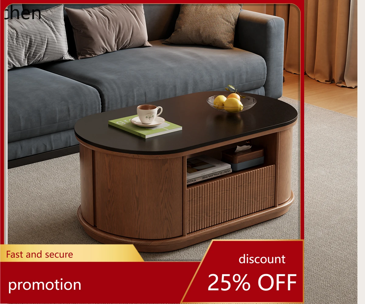 

ZML Solid Wood Round Coffee Table Living Room Home Combination Telescopic Oval Table Small Apartment Rock Board Tea Table