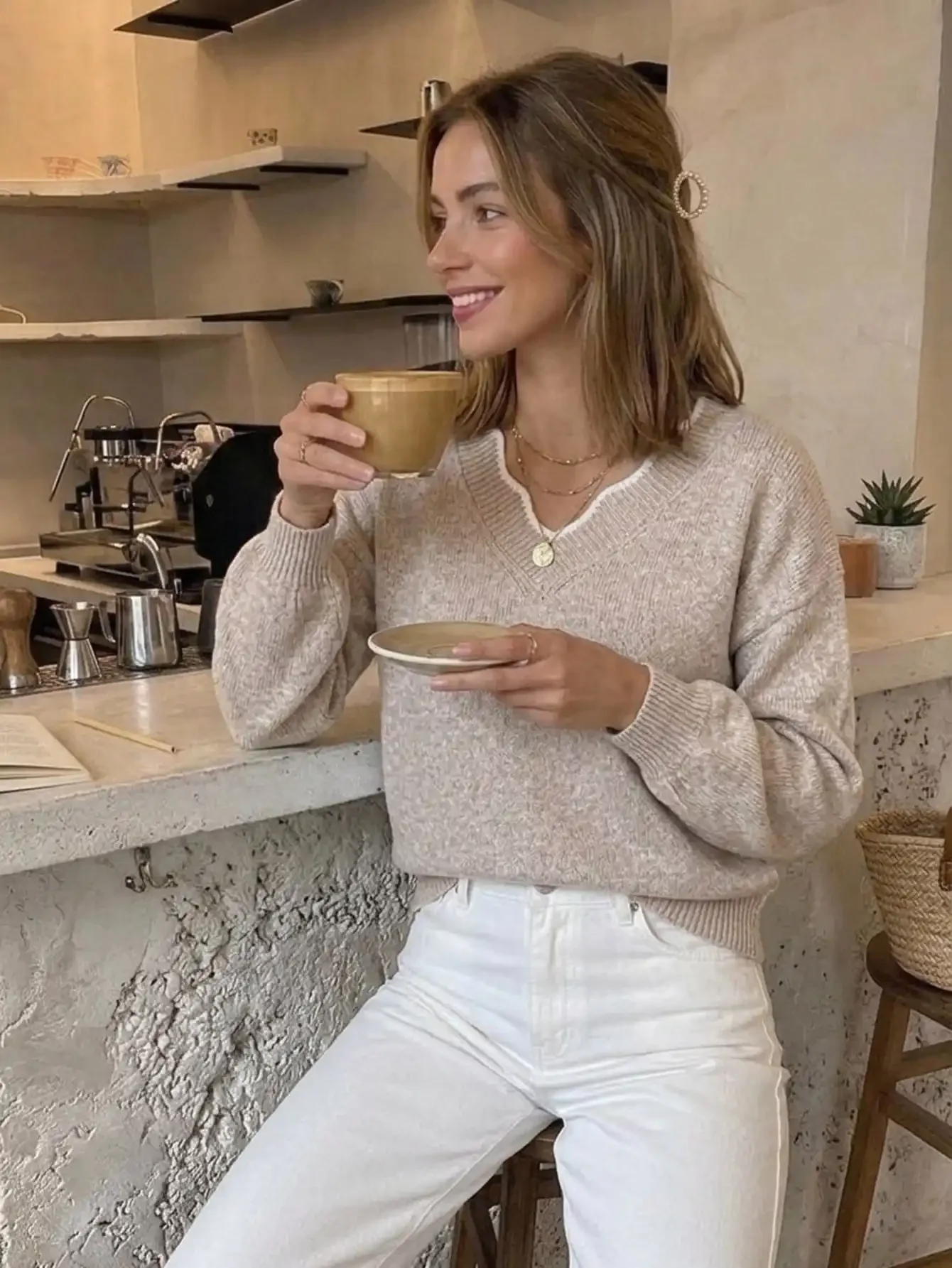 Womens Open Back Knit Sweater Balletcore Soft Romance Aesthetic Long Sleeve Pullover Jumper Top Solid Sandy Almond Beige Contrast White Scalloped Shell Edging Ribbon Tie Bow Drop Shoulder Slouchy Relaxed Fit For Fall Spring Date Outfits Christmas Gift