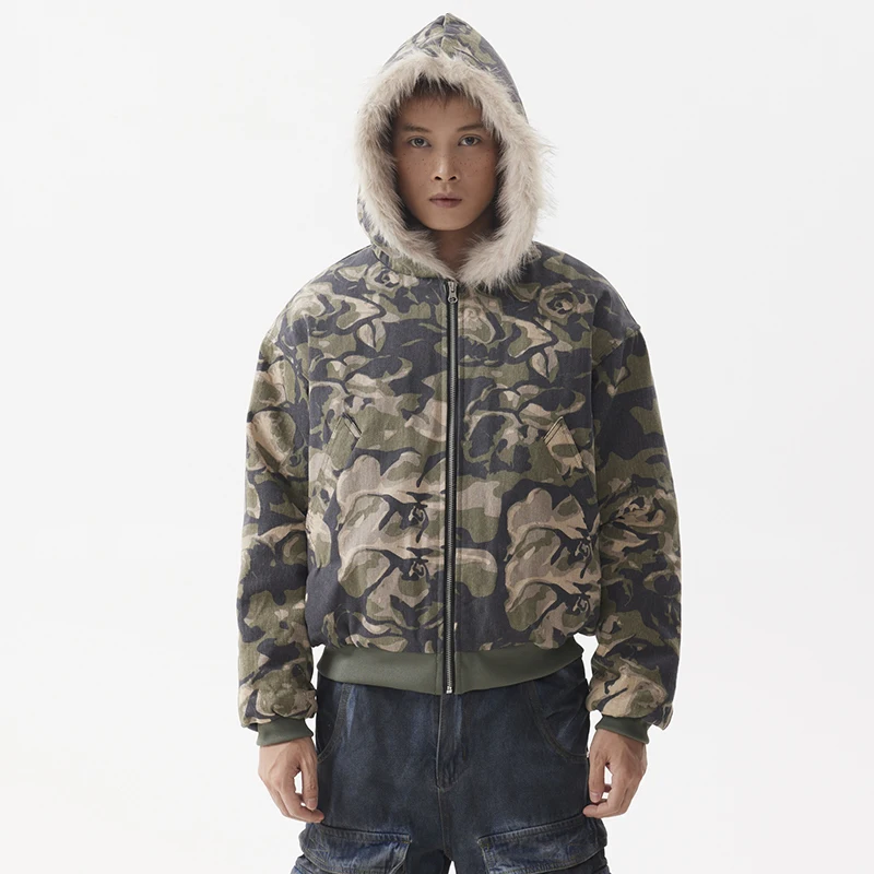 PFNW American Vintage Hooded Camouflage Cotton-padded Coats Men\'s Short Camouflage Winter Outwear Thickened Jacket New 28W5356