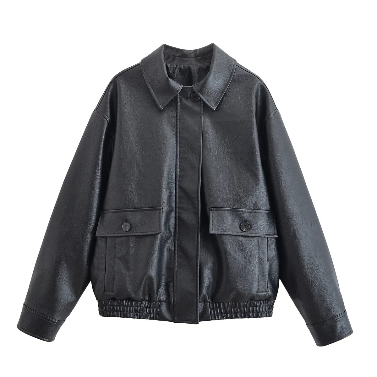 

Woman's Bomber Jacket Lapel Zipper Long Sleeve Solid Color Pocket Cropped Motorcycle Jacket Sweet Early Autumn New Chic Top