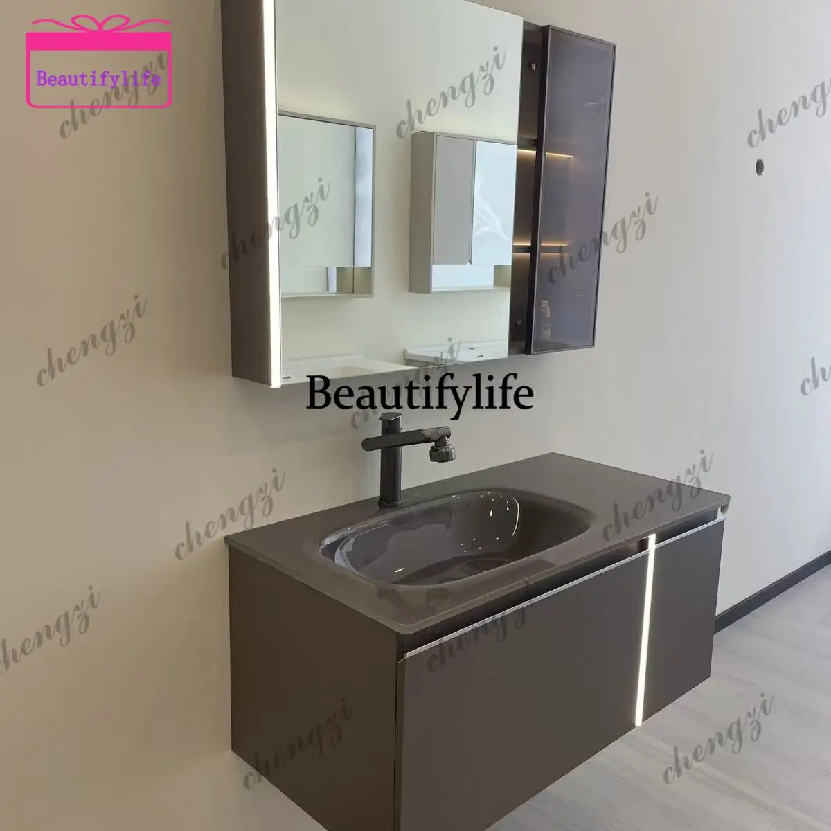 A17 Light luxury tempered glass integrated basin solid wood bathroom cabinet combined bathroom washstand
