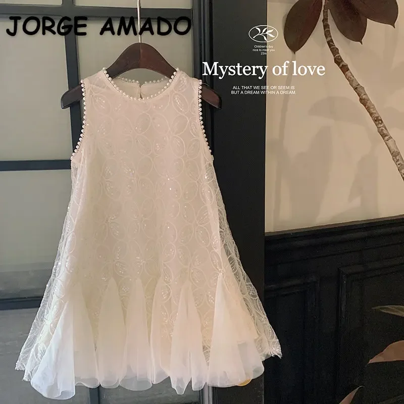 Kids Girlnew Summer Princess Dress Korean Style Round Neck Sleeveless Solid Color Sequined Vest Dresses Children Clothing H23229