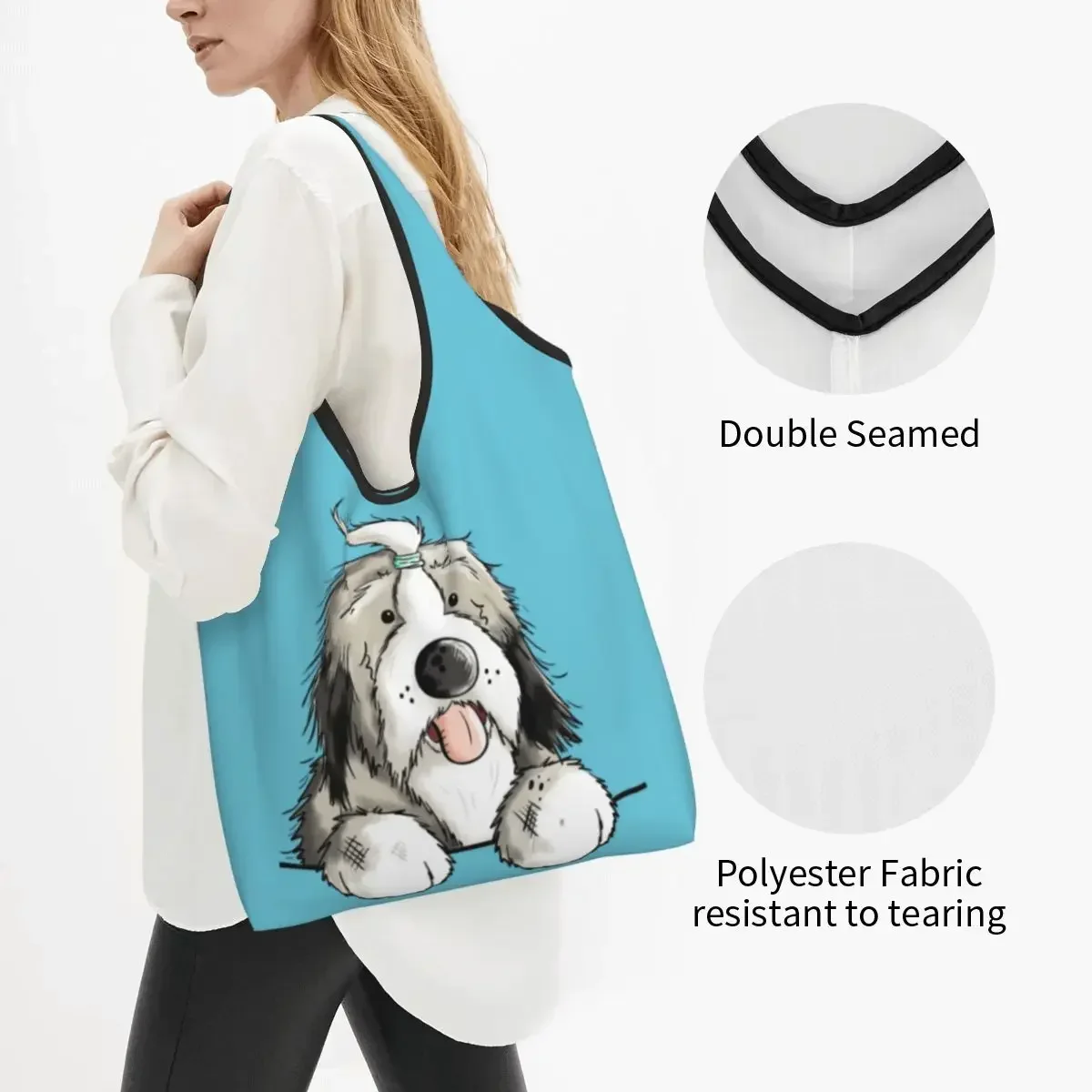 Happy Bearded Collie Dog Grocery Tote Shopping Bags Women Custom Pet Animal Shoulder Shopper Bags Large Capacity Handbag