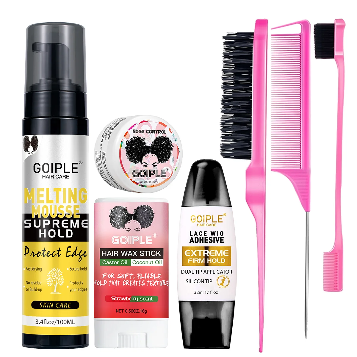 Mousse Invisible Bond Supreme Hold para unir pelucas, pegamento de secado rápido para pelucas, cera en barra para peinar el cabello y gel anti-frizz para control de bordes.