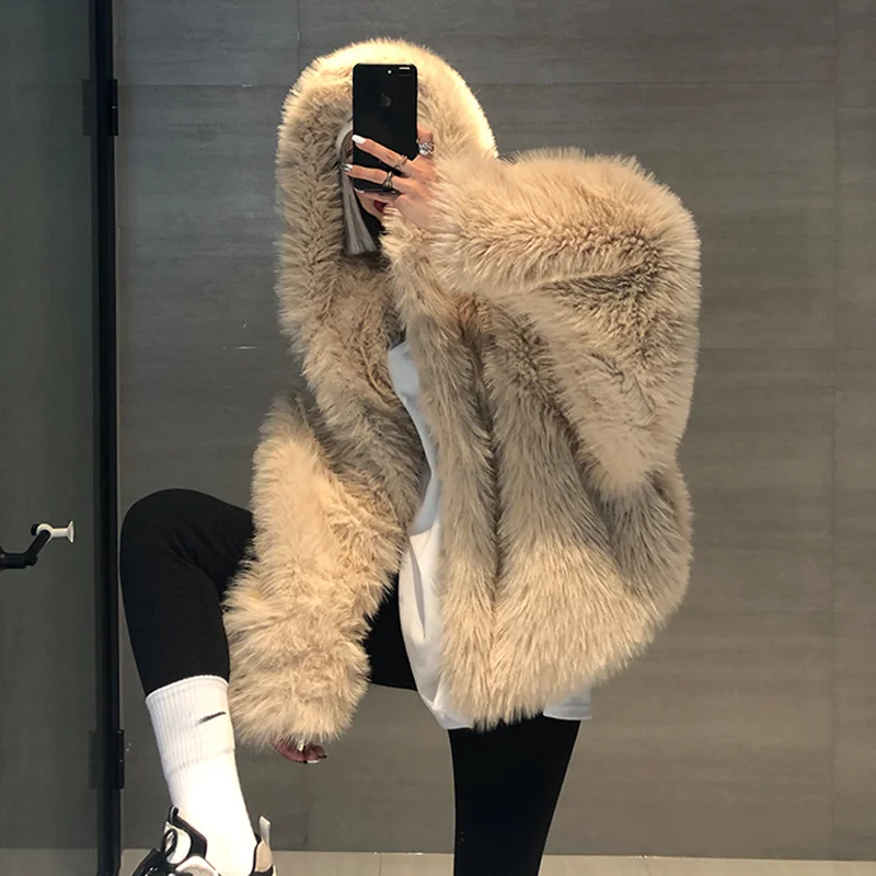 

High Quality Thick Furry Coat Female Autumn And Winter Lamb Plush Imitation Mink Warm Faux Fur Coat Women Hooded Jacket