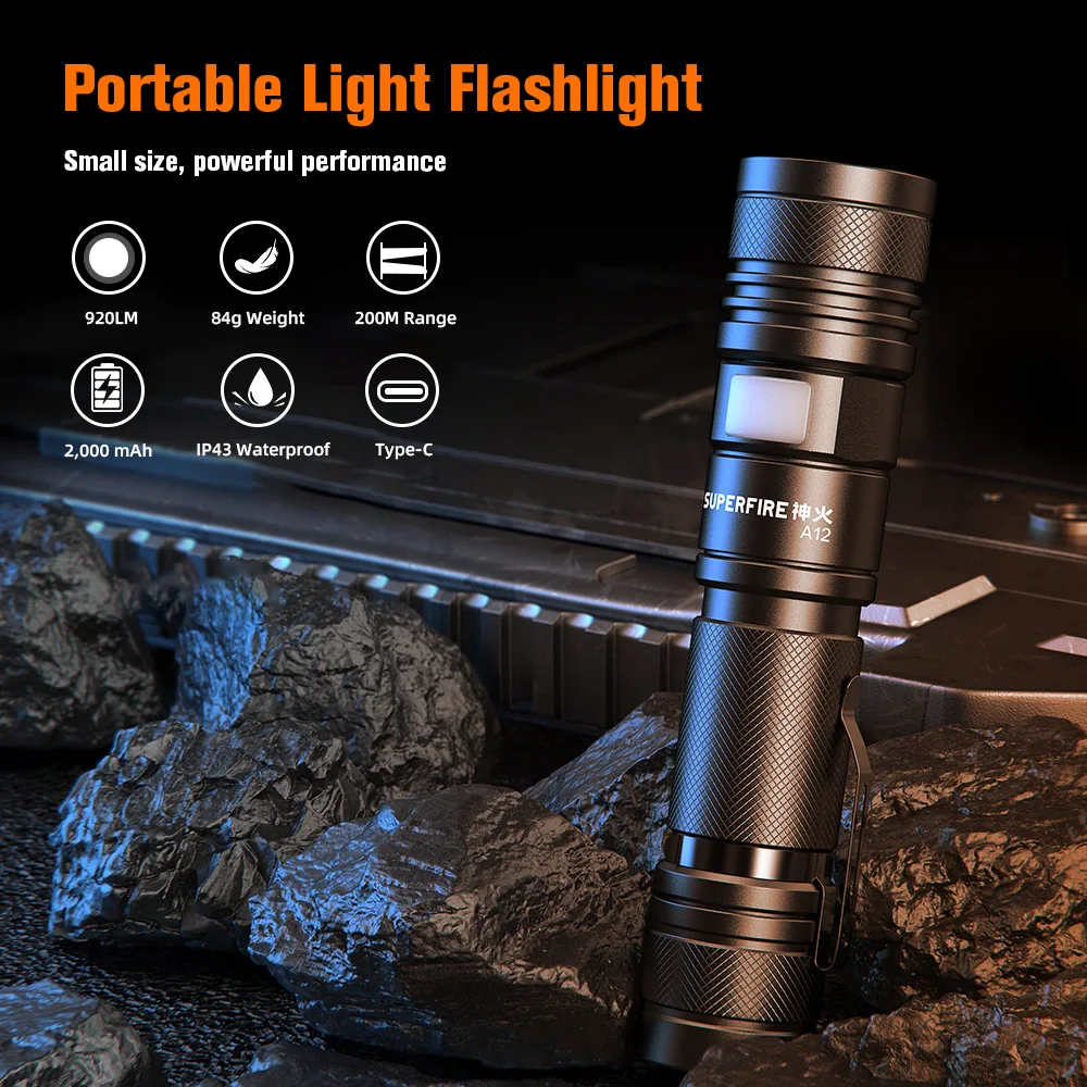 SUPERFIRE A12 Powerful LED Flashlight USB C Rechargeable Zoomable 18650 EDC Torch 5 Mode Light Camping Fishing Lantern