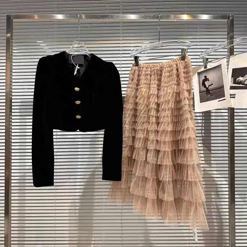 

Spring 2023 New Gold Button Velvet Bubble Sleeve Top and Mesh Long Dress Set for Women