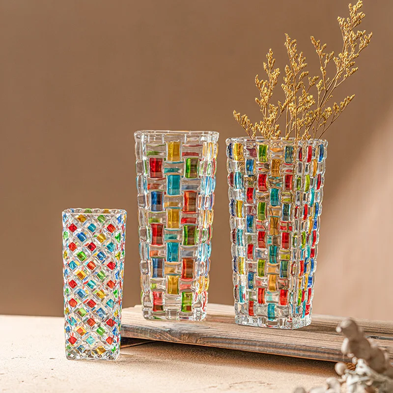 Hand Painted Colorful Woven Glass Vase, Crystal Flower Vase 7.7 inch for Floral Arrangements, Weddings, Home Decor