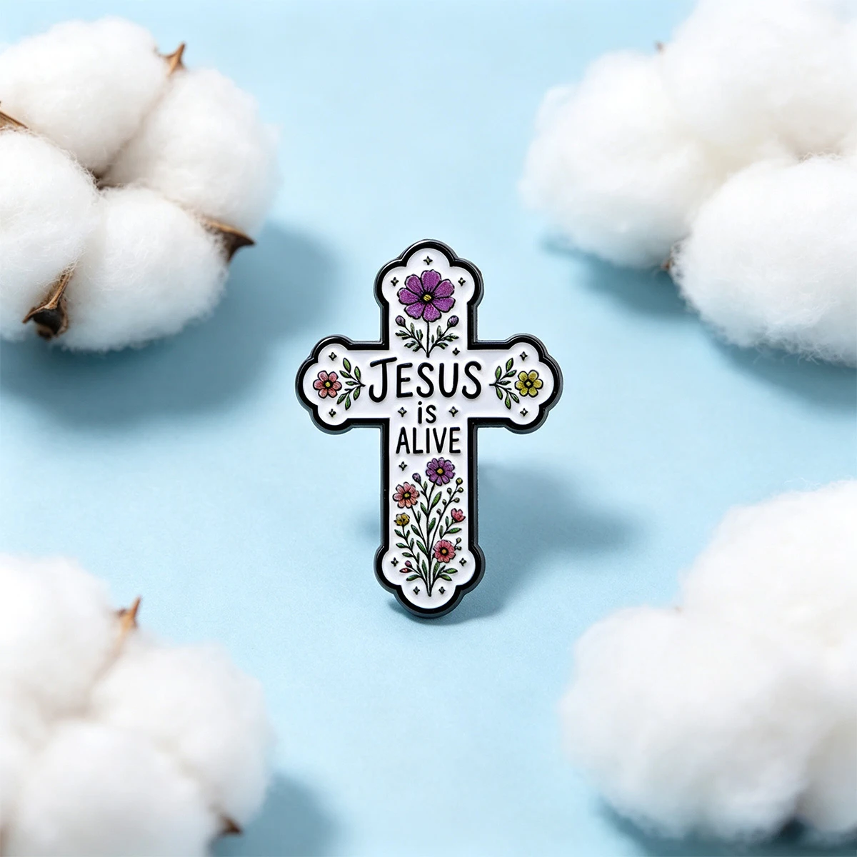 9 Stück Blumenkreuz-Emaille-Anstecknadeln „Jesus ist lebendig“ Zitate Reversnadel Religiöses Glaubensabzeichen für Kleidung Rucksack Dekoration Geschenk – Detail 5