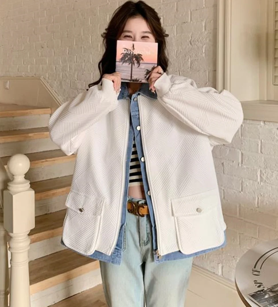 

Autumn Lady Leisure Fake Two Pieces Jacket RetroWomen Long Sleeves Cowboy Outwear 2025Femme Loose Casual Patchwork Denim Coat