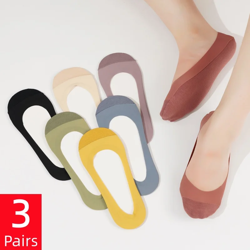 3 Paar/Set Damen Sommer Dünne Eisseide Bootssocken Silikon Anti-Rutsch High Heels Unsichtbare Socken No-Show Socken Freizeitsocken