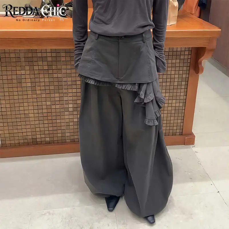 ReddaChic Women Layered Ruffle Skirt Palazzo Pants Office Gray Cleanfit Wide Leg Low Waist Dress Pants Retro Alternative Clothes