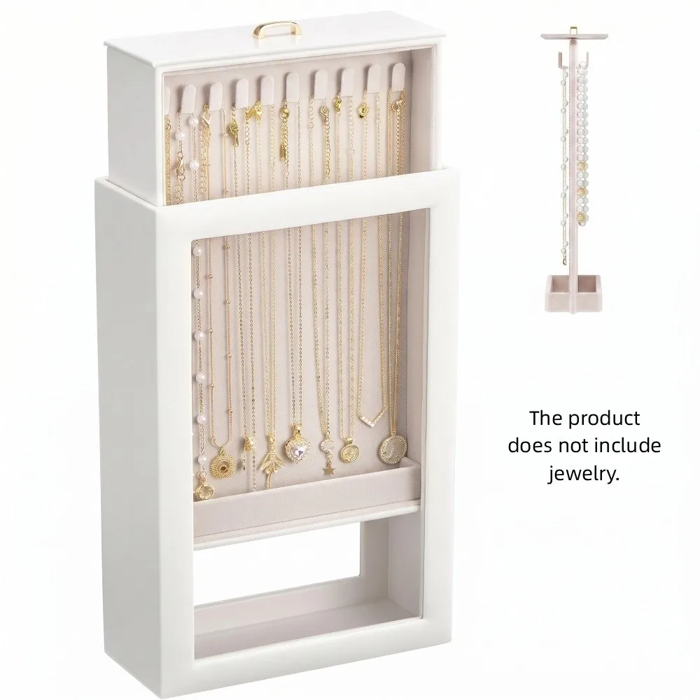 2 Layers Necklace Organizer Box Clear Window Large Capacity Jewelry Storage Case Pull-Out Access Vertical Jewelry Display Case