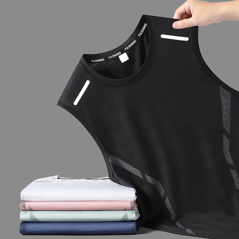 الجليد الحرير سترة الصيف الرياضة زي كرة السلة التجفيف السريع الرجال تشغيل عادية رقيقة تنفس رجل قميص بدون أكمام سترات