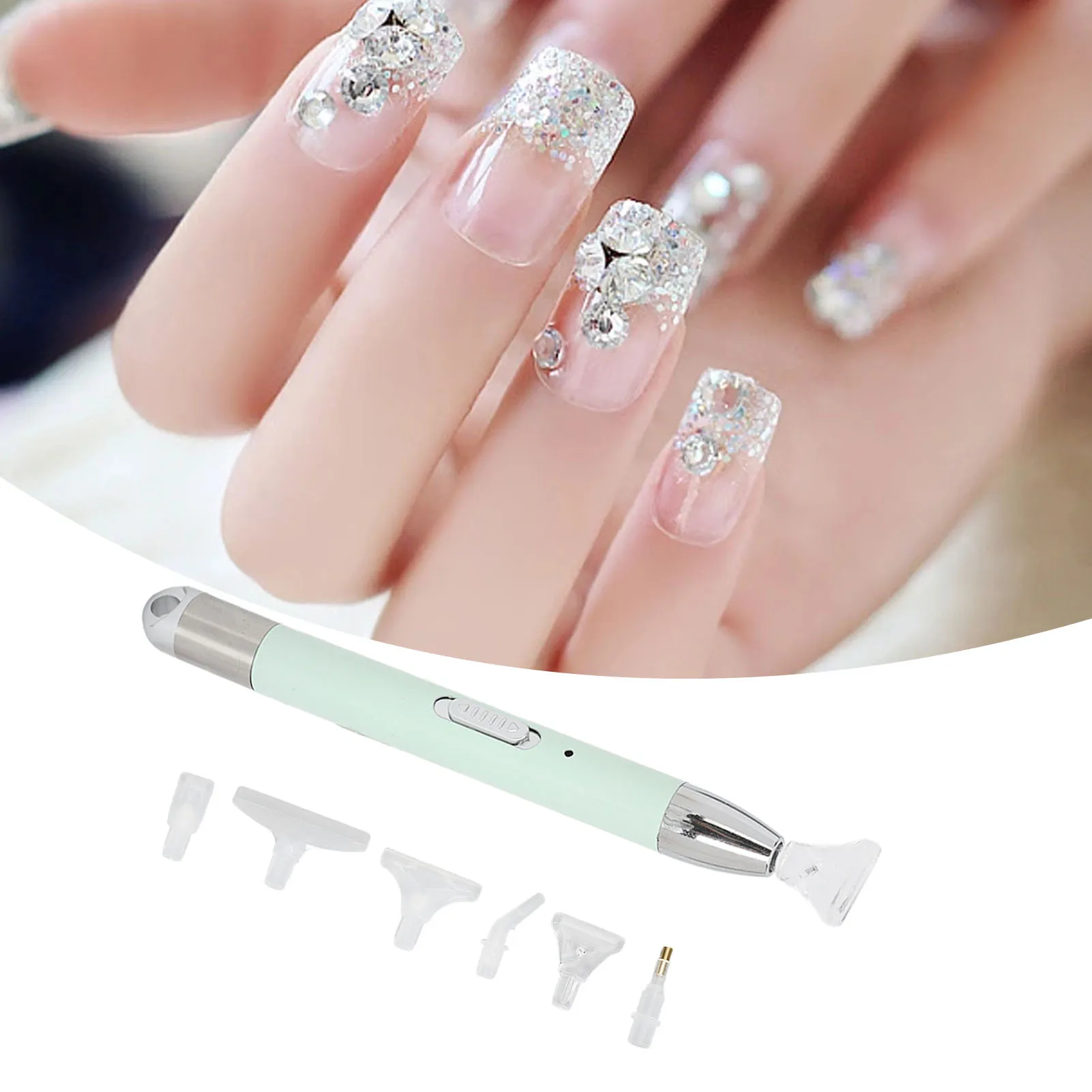 

Luminous Rhinestone Painting Pen Ergonomic Rechargeable Embroidery Bead Picker Tool with 6 Heads Green Dot Drill Pen