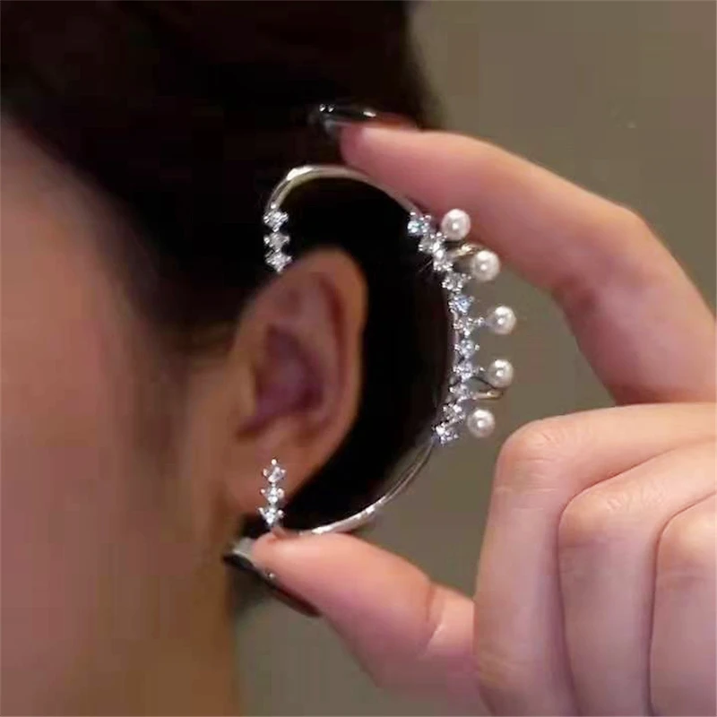 Fashion Shiny Zircon Pearl Ear Clip Ear Cuff for Women Silver Color Metal No Piercing Fake Cartilage Earrings Wedding Jewelry