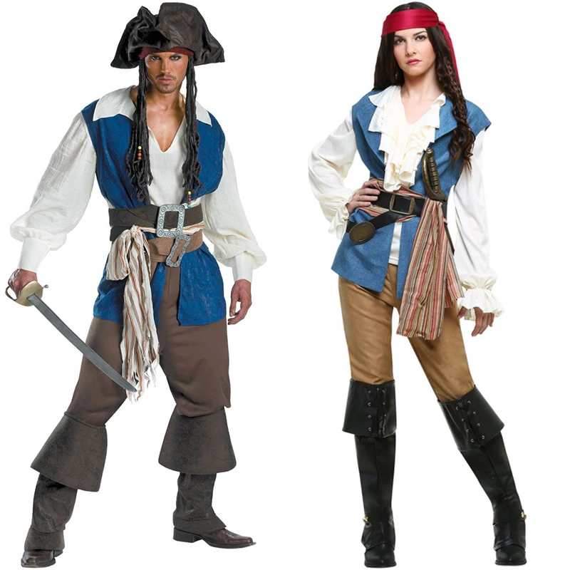 Women Men Pirate Costumes Gothic Jack Sparrow Pirate Cosplay Costume Halloween Carnival Masquerade Fancy Outfits Sets