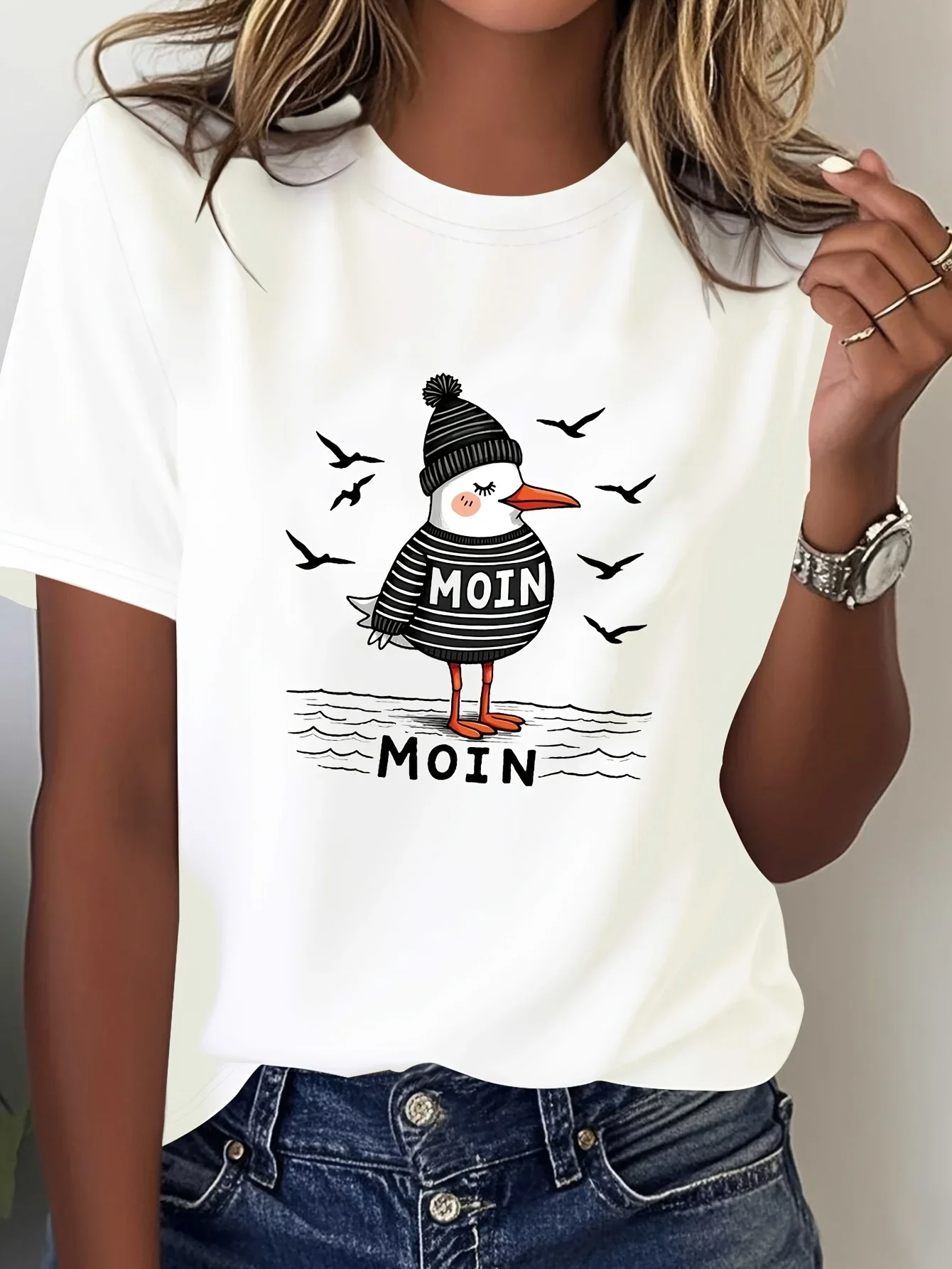 Northern German Greeting Striped Seagull Graphic Print Women's T-shirt Short Sleeve Crew Neck Casual Daily Vintage Women Clothes