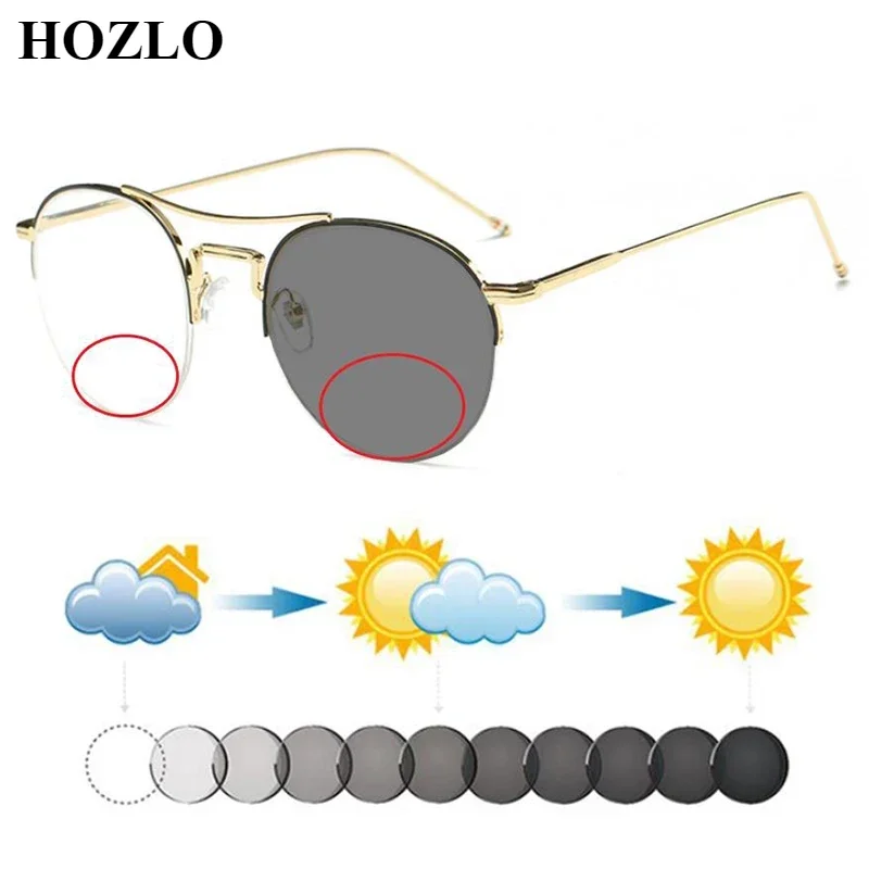 

Fashion Women Double Bridge Semirim Alloy Round Photochromic Bifocals Reading Sunglasses Men Hyperopia Dark Glasses Travel