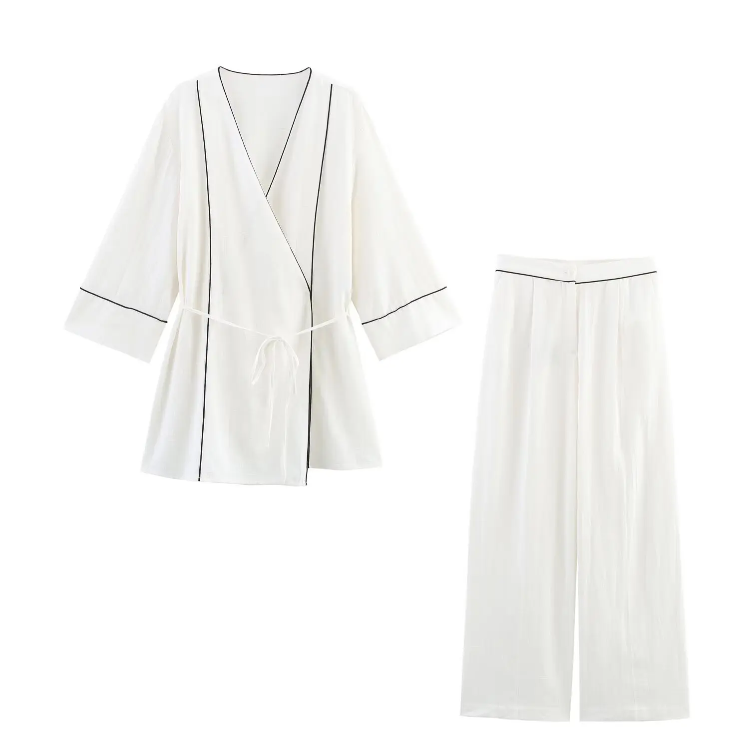 

2025 Summer Long Sleeve Shirts Loose Straight Pants New Fashion Suits Casual Chic Solid Women Suit V-Neck Sashes Vest