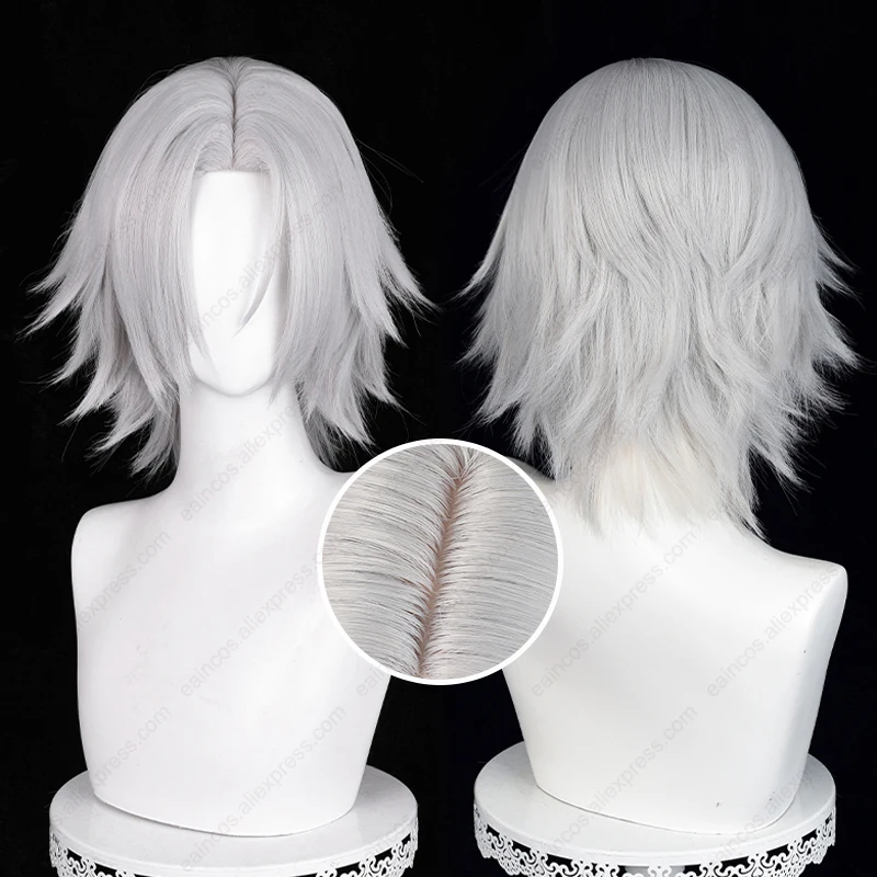 Hayato-Peluca de Cosplay de Gokudera, pelo sintético resistente al calor, color gris cálido, 33cm