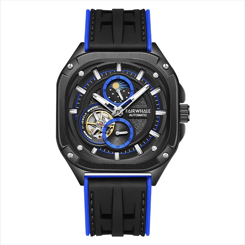 Vintage Multifunction Tourbillon Sun Moon Mechanical Watch with Square Rubber Strap Pin Buckle for Men