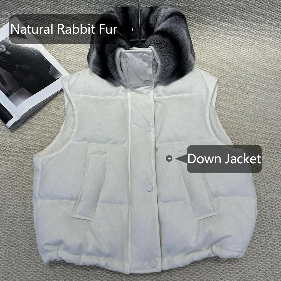 Bijgesneden pufferjack dames korte ganzendons jas wol kasjmier puffervest dames winter bovenkleding