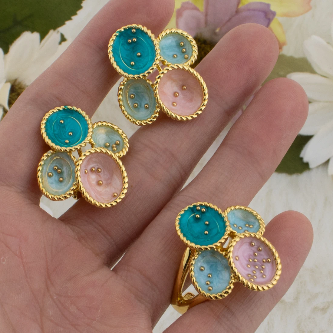 Luxury Gold Plated Flowers Jewelry Set Shape for Women Earrings&Ring Gift for Wedding Party  Anniversary Women\'s Day Celebration