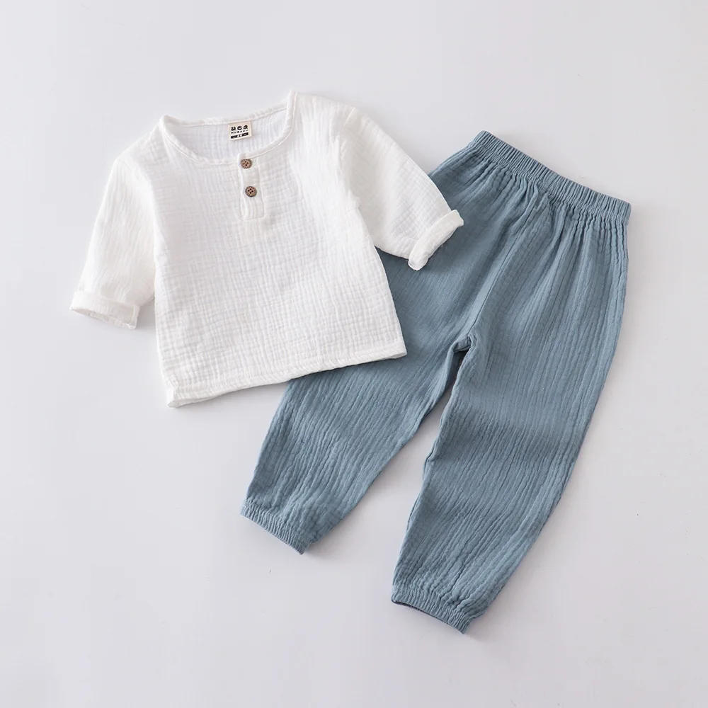 Children's Spring/Summer Cotton and Hemp Long Sleeve Set for Boys and Girls' Thin Solid Color Leggings Two Piece Set