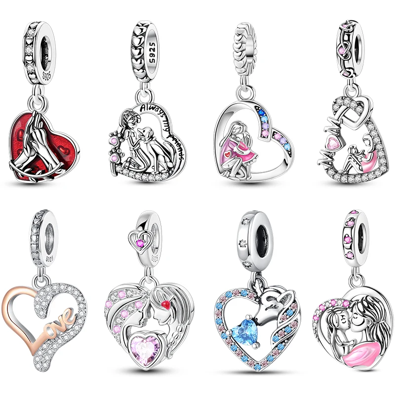 

S925 Sterling Silver Parent-Child Sisters Adorable Heart Shaped Charms Beads Pendants Fit 3mm Bracelets DIY Fine Jewelry Making