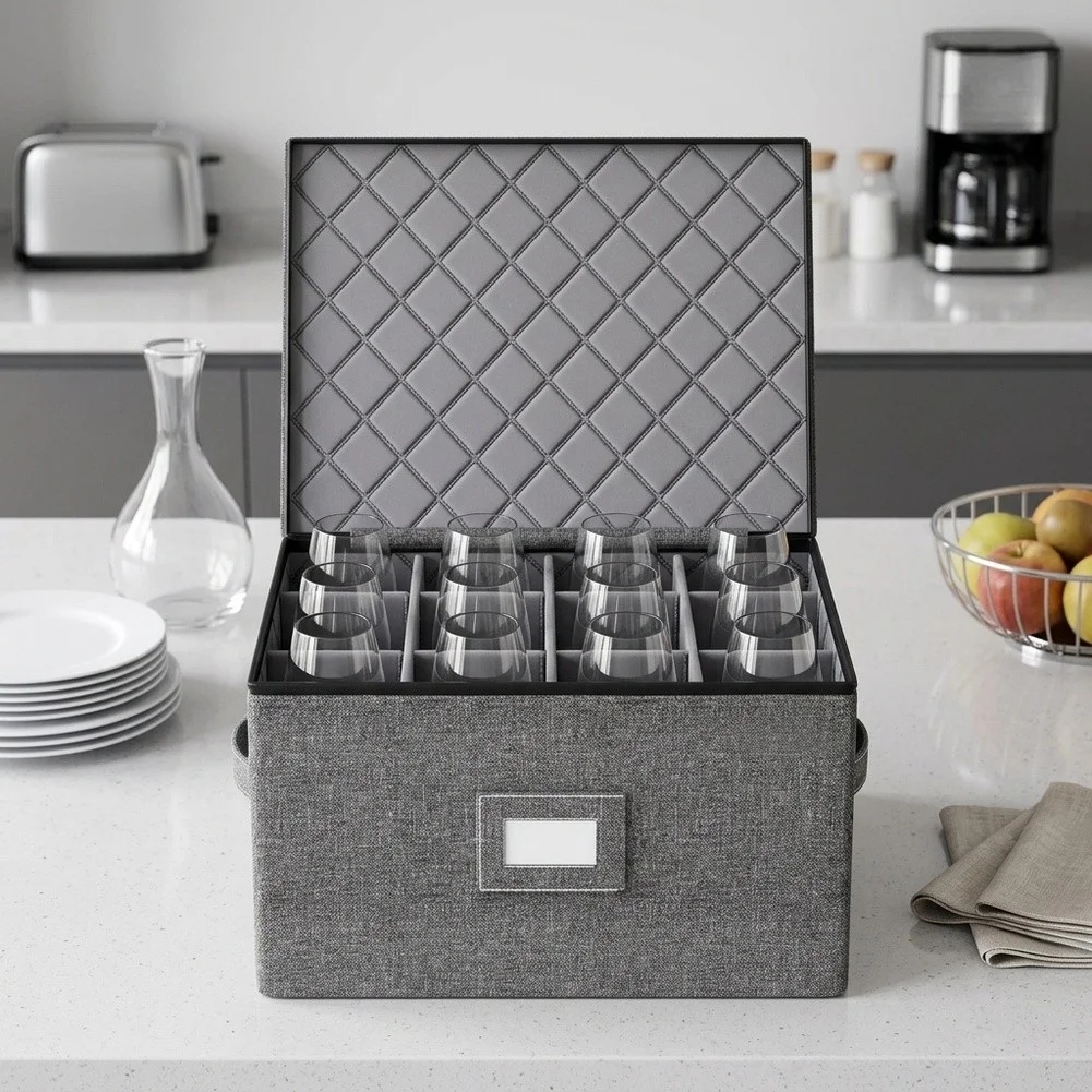 Hard Shell Wine Glass Transport Box with Integrated Stacking Feet and Divider-Based Organization for 12 Stemware Pieces