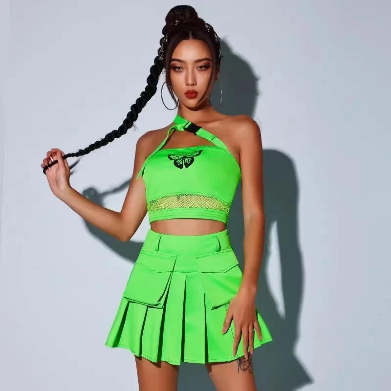 Nieuwe Kpop Jazzdans Outfit Fluorescerend Groen HipHop Kleding Nachtclub Gogo Danser Stadiumkostuum Volwassen Cheerleading Kleding