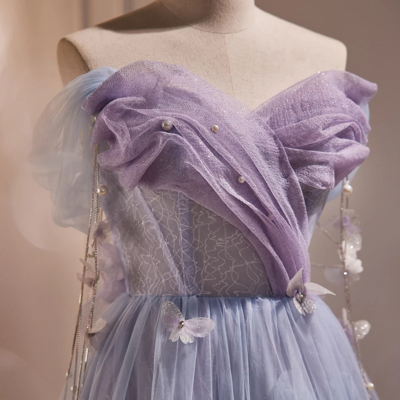 AnXin SH Prinzessin Lila Spitze Blume Perlen Kristall Schmetterling U-Boot-Ausschnitt Schnürung große Schleife eine Linie maßgeschneidertes Abendkleid