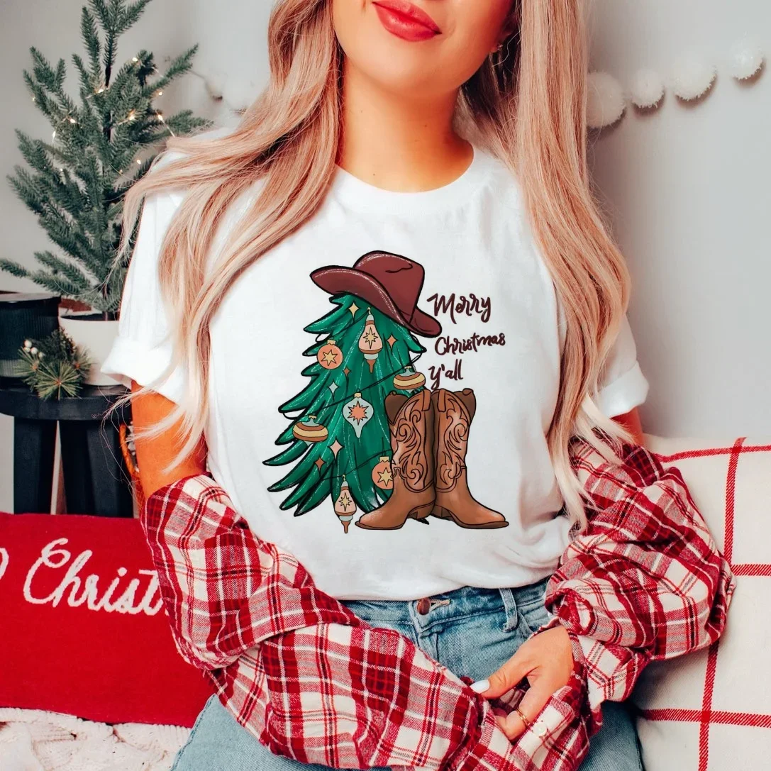 Merry Christmas Yall Cowgirl Boots Pattern Retro Short Sleeved Women's Cartoon T-Shirt Casual Clothing Fashion O-Neck Basic T-Sh