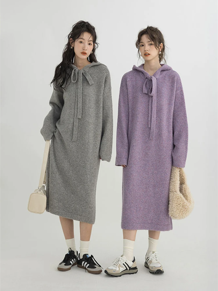 Long-sleeved Dress Autumn Winter Hooded Loose Knitting Sweater Women's Long Over-the-knee Knitted Dress Elegant Women's Sweater