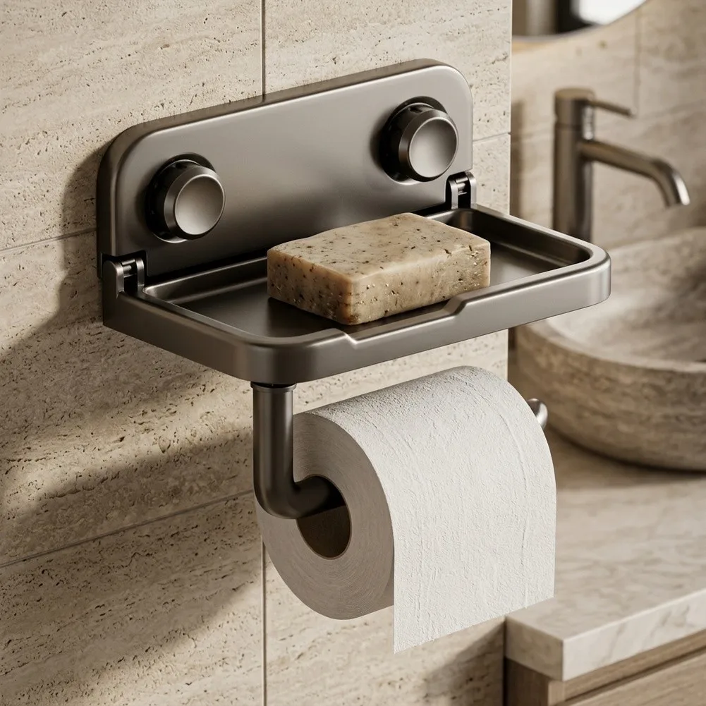 Toilet Paper Holder with Strong Suction Cups - Non Drilling Bathroom Paper Dispenser Featuring Space Saving Foldable Design