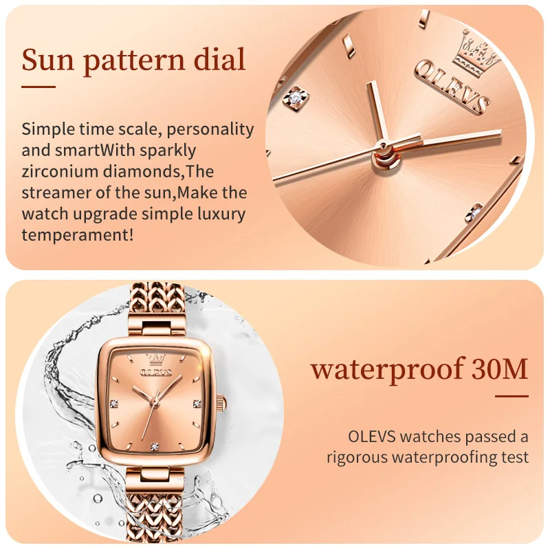 OLEVS Women\'s Quartz Watch Fashion Rose Gold Elegant Women\'s Watch Stainless Steel Simple Square Waterproof Women\'s Watch 9951