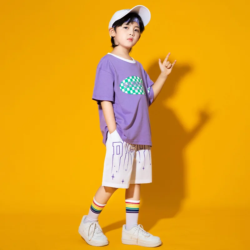 Hip Hop Boys Loose T-shirt Street Dance Graffiti Shorts Girls Tee Purple Skirts Child Streetwear Clothes Sets Kids Jazz Costumes