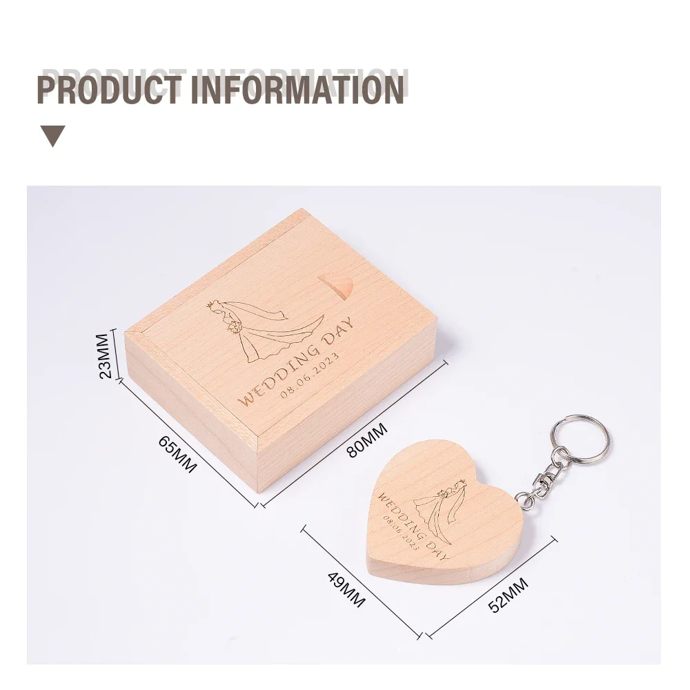 10 PCS Free LOGO Wooden Love Heart USB Flash Drive 128GB 64GB Key Chain Wedding Gift Pen Drives 32GB Real Capacity Memory Stick