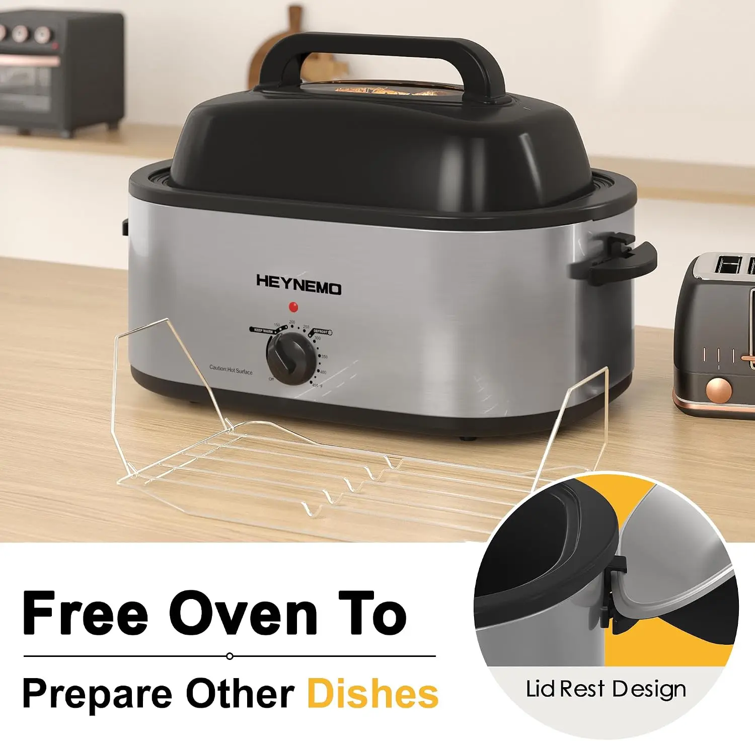 26 Quart Electric Roaster Oven with Visible & Self-Basting Lid, Large Turkey Roaster with Defrost Warm Function, Adjustable