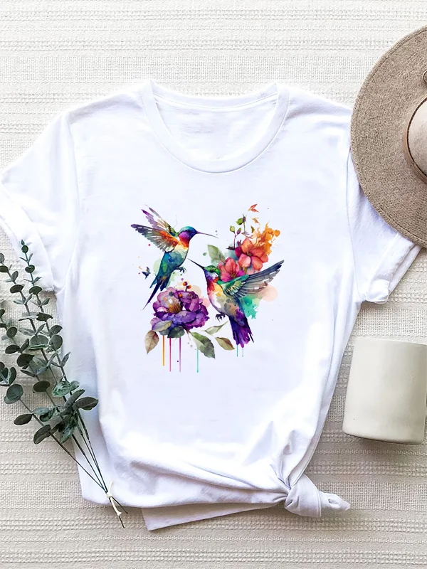 

Painted Graffiti Larks Wild Flower Print Women T-shirt New Street Doodle Stytle Female Shirt Fashion Casual Literary Girl Tee