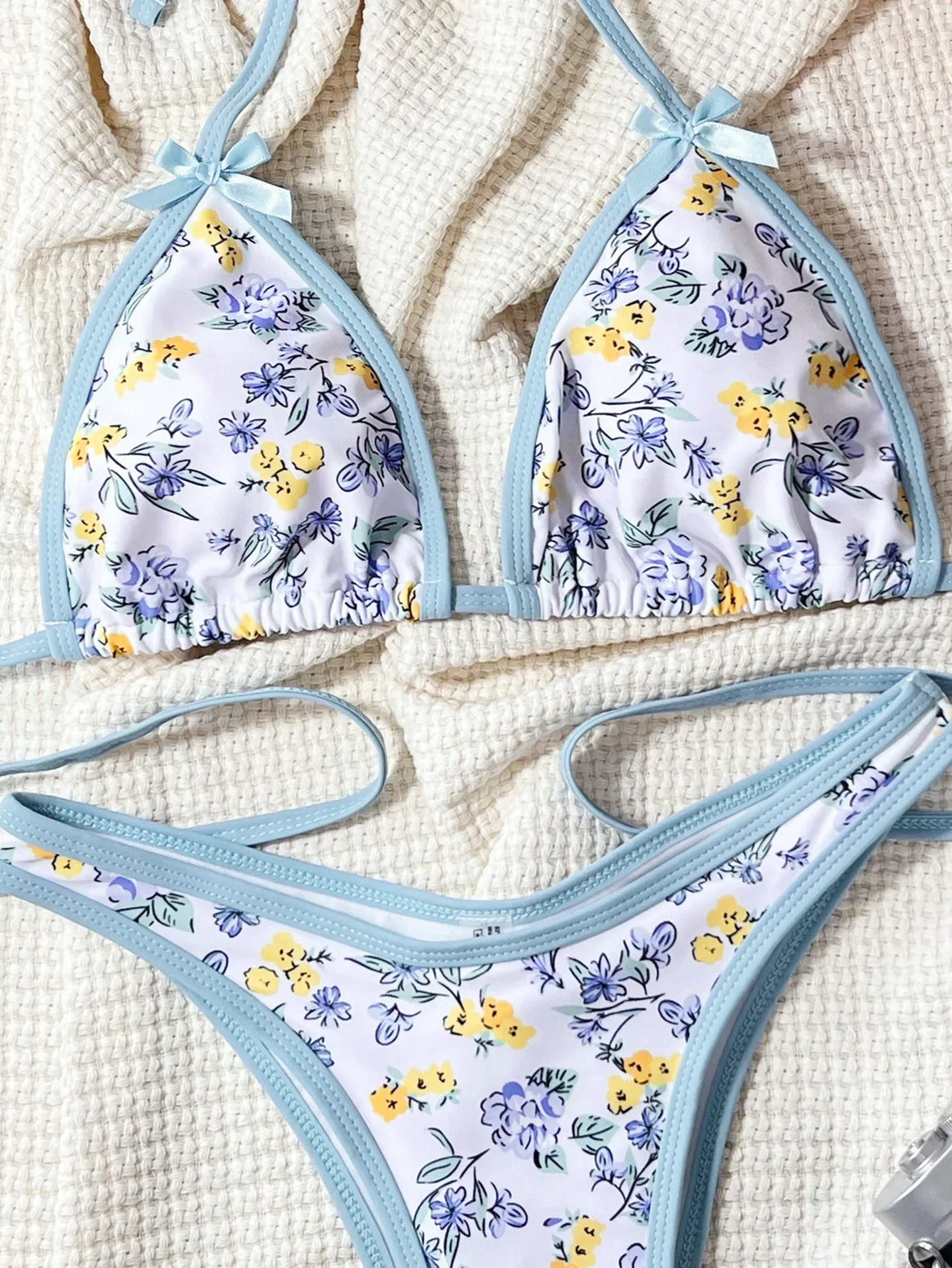 Conjuntos de bikinis con lazo y estampado floral azul sexy, traje de baño de dos piezas con lazo y espalda descubierta, traje de baño, bikini bakini tankini