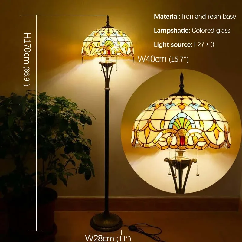 SOURA Tiffany Floor Lamp American Retro Living Room Bedroom Lamp Country  Stained Glass Floor Lamp