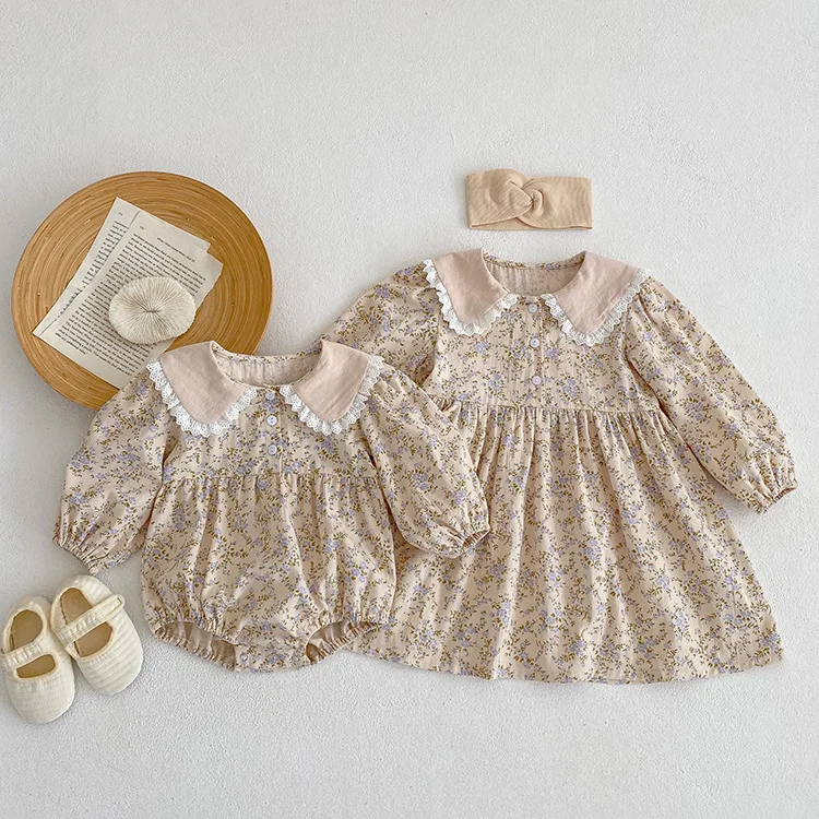 

‌2025 Spring Fall Korean Girls Floral Print Romper Kids Dresses with Lace Trim Sister Outfit for Toddler Infant Clothes