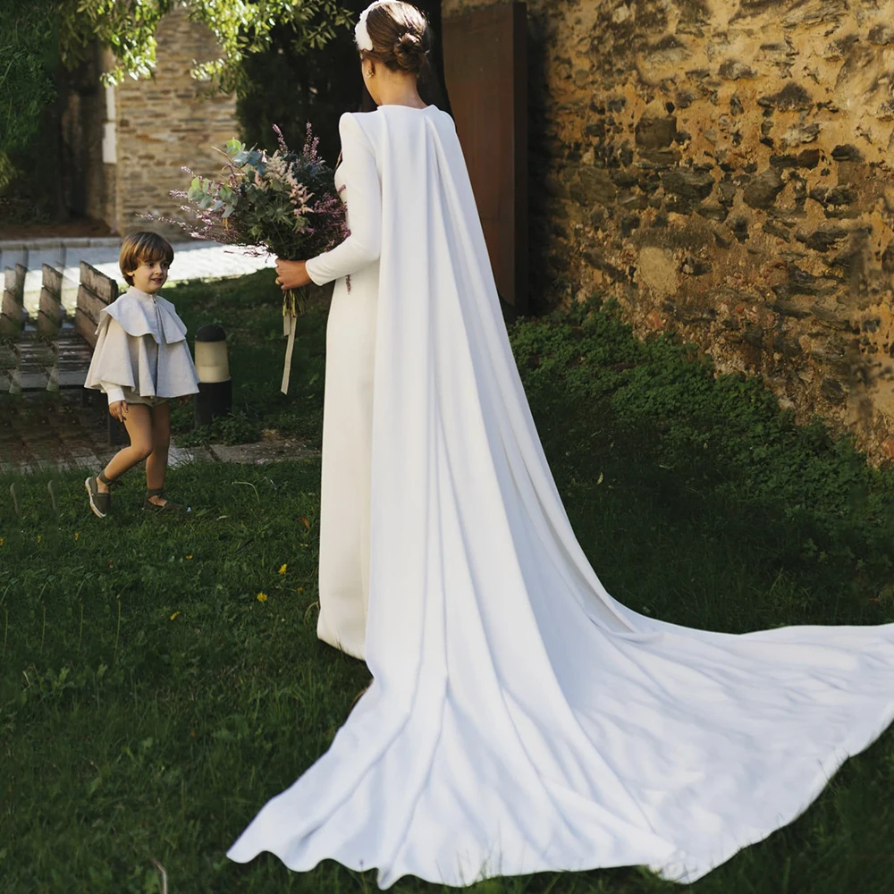 Robe de Mariée Simple à Col Rond et Dos aux, Fourreau à Manches sulf, Longueur au Sol avec Poignées Détachables, Traîne de Balayage Everak, Personnalisée