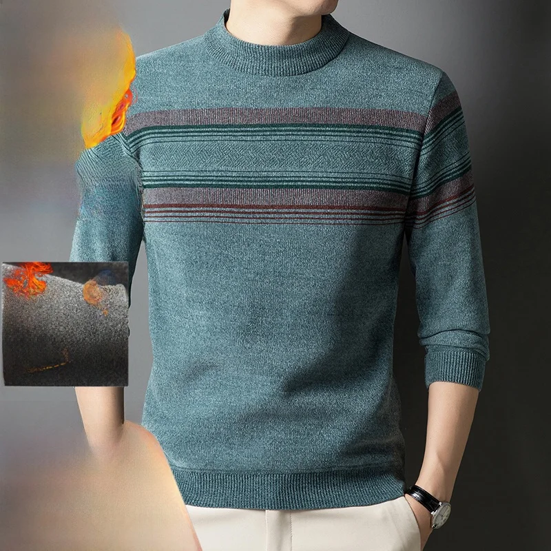 

Men's Winter Fce Lined Knitwear Casual f High Collar Sweater Stripe Pattern Trendy Leisure Versatile Warm Base irt
