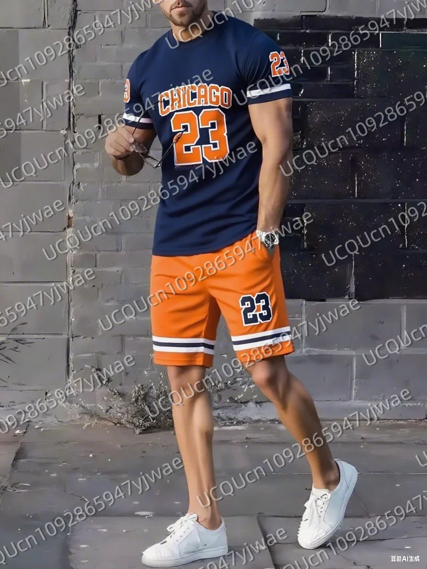 

Summer Men's Chicago 23 Print Short Sleeve T-Shirt & Shorts Set Round Neck Gradient Short Sleeved Women's T-shirt Shorts Set