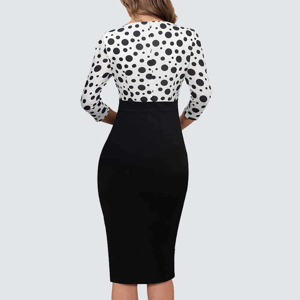 Women Business Elegant Low Cut 3/4 Sleeve Polka Dots Lady Sheath Office Pencil Dress HB727